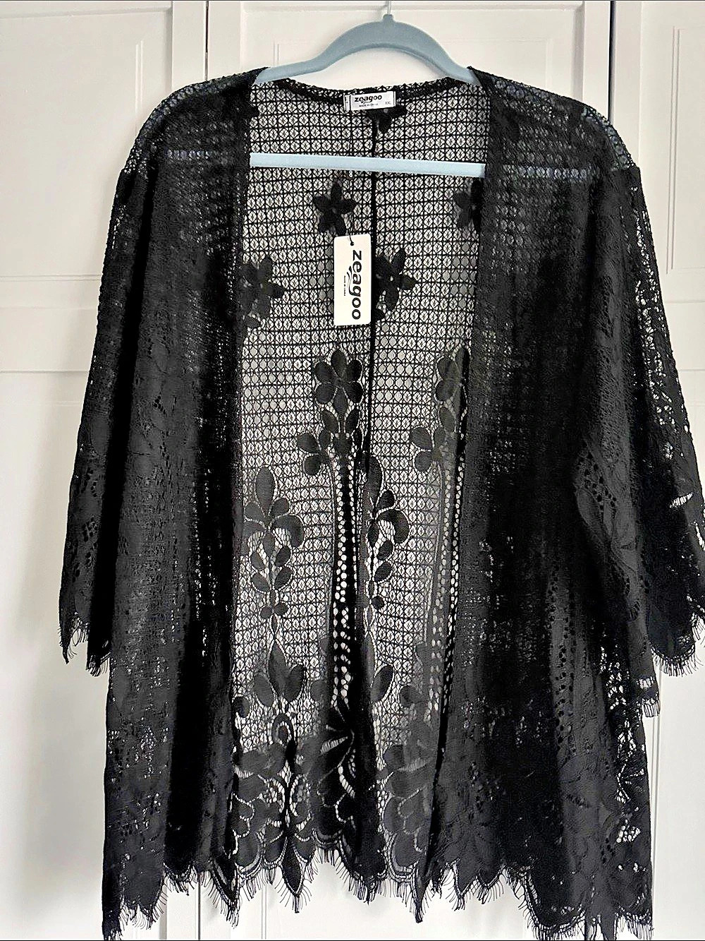 zeagoo Women's Floral Lace Crochet Open Front Kimono Cardigan Black XL